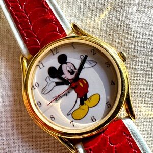 Disney Mickey Mouse Gold Watch with Red Strap